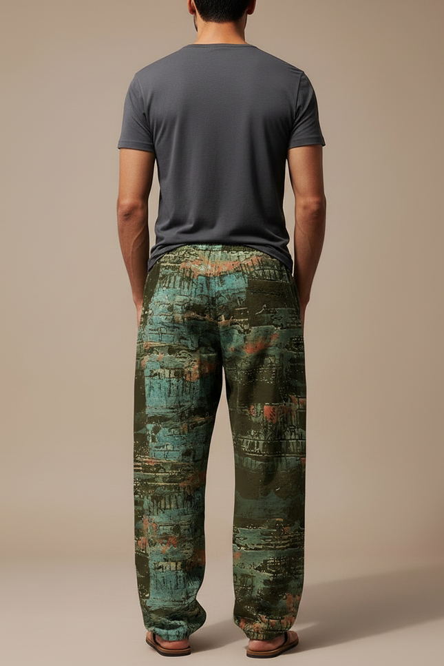Pantalon Fluide Vert Ample Imprimé Urbain Cordon Homme - Kaki Polyester - vue 2