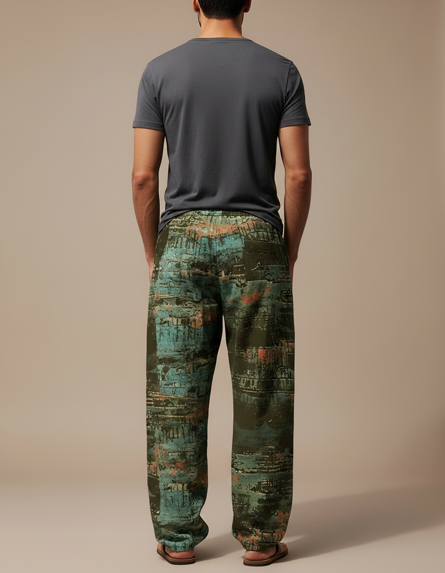 Pantalon Fluide Vert Ample Imprimé Urbain Cordon Homme - Kaki Polyester - vue 2