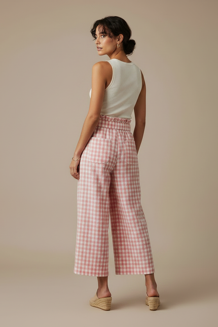 Pantalon Fluide Carreaux Vichy Rose Ample Ceinture Nouée - Lin - vue 2
