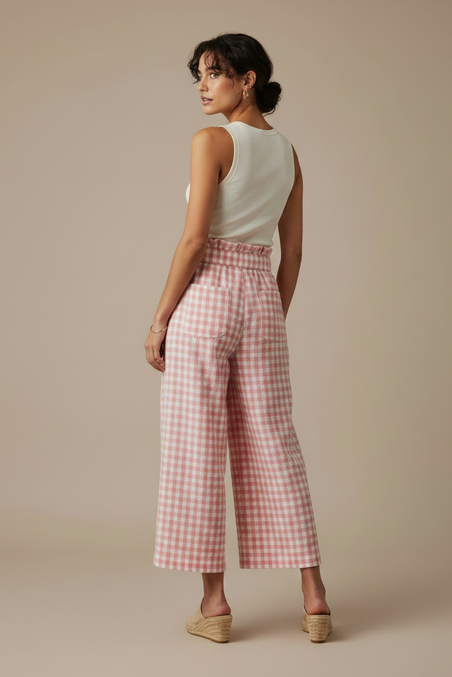 Pantalon Fluide Carreaux Vichy Rose Ample Ceinture Nouée - Lin - vue 2