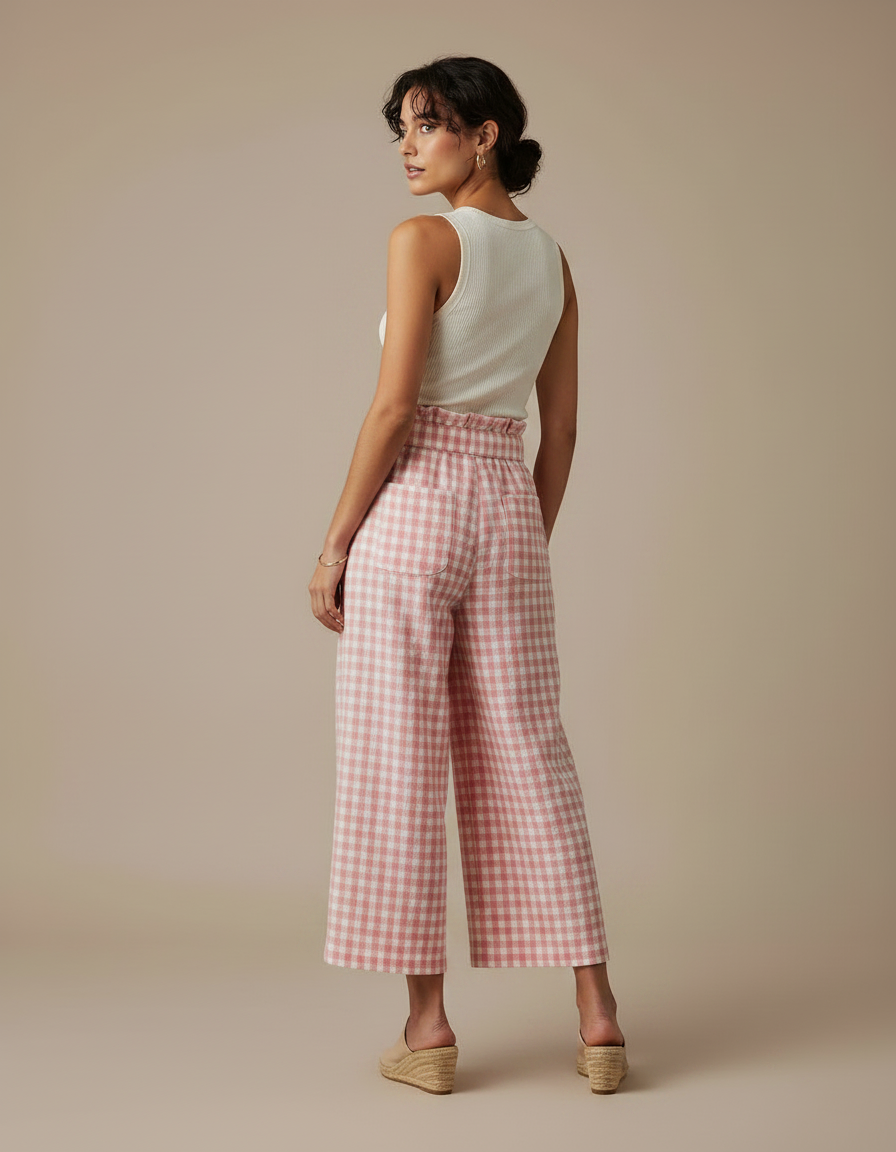 Pantalon Fluide Carreaux Vichy Rose Ample Ceinture Nouée - Lin - vue 2