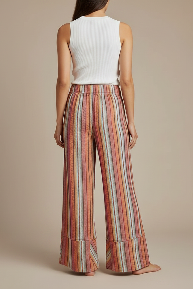 Pantalon Fluide Rayé Ample Taille Haute Tricoté - Multicolore Maille - vue 2