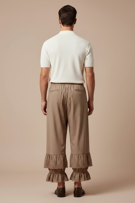 Pantalon Fluide Marron Ample Brodé Dentelle Coton - vue 2