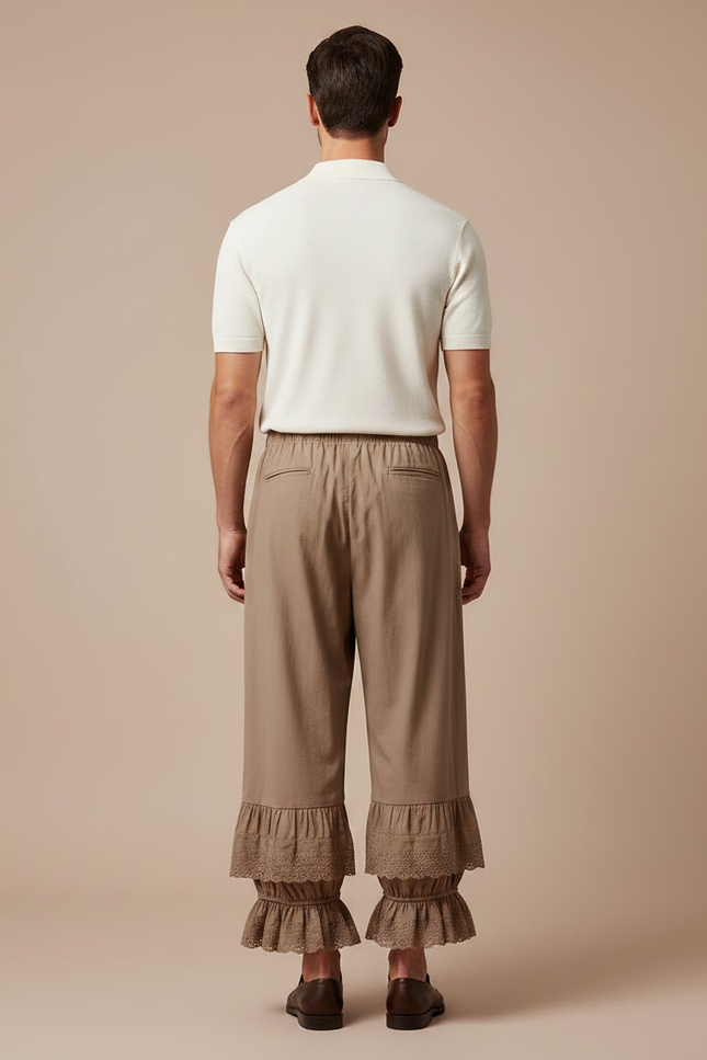 Pantalon Fluide Marron Ample Brodé Dentelle Coton - vue 2