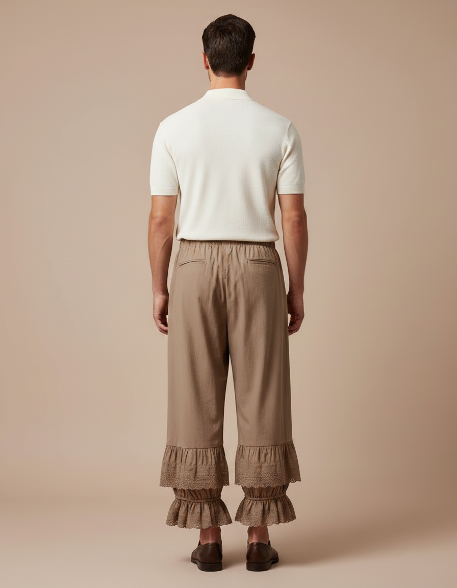 Pantalon Fluide Marron Ample Brodé Dentelle Coton - vue 2