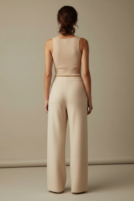 Pantalon Fluide Beige Maille Ample Taille Haute Femme - vue 2
