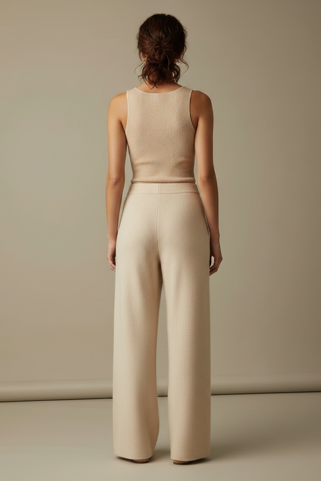 Pantalon Fluide Beige Maille Ample Taille Haute Femme - vue 2