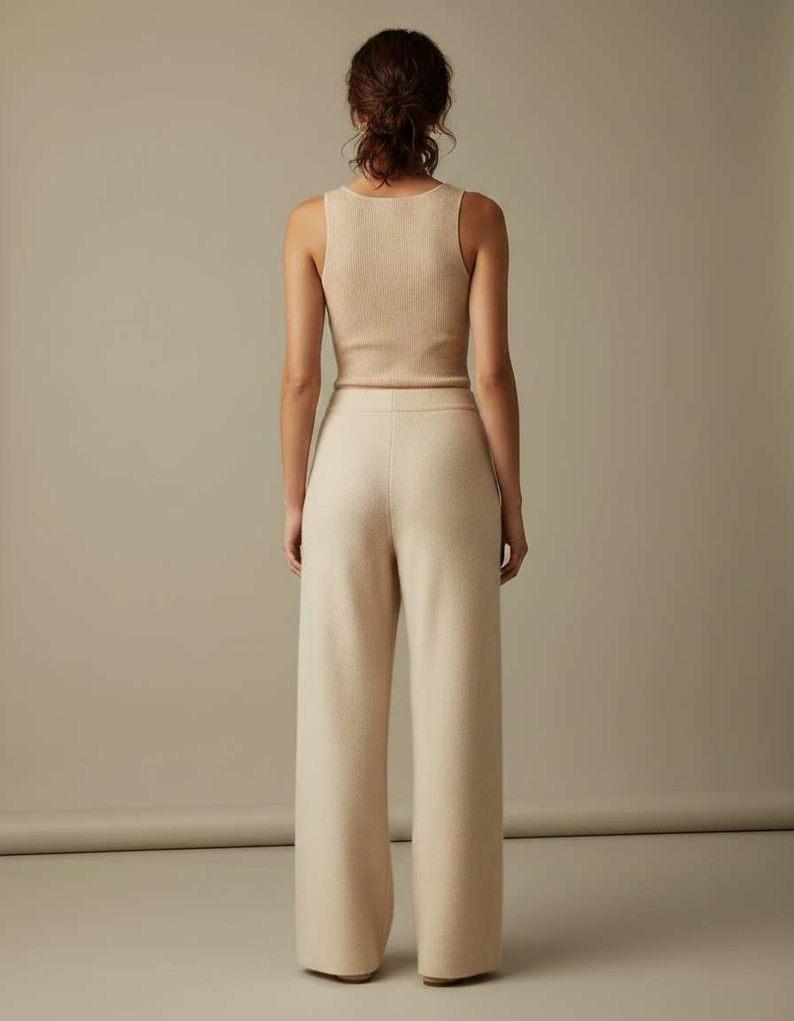 Pantalon Fluide Beige Maille Ample Taille Haute Femme - vue 2