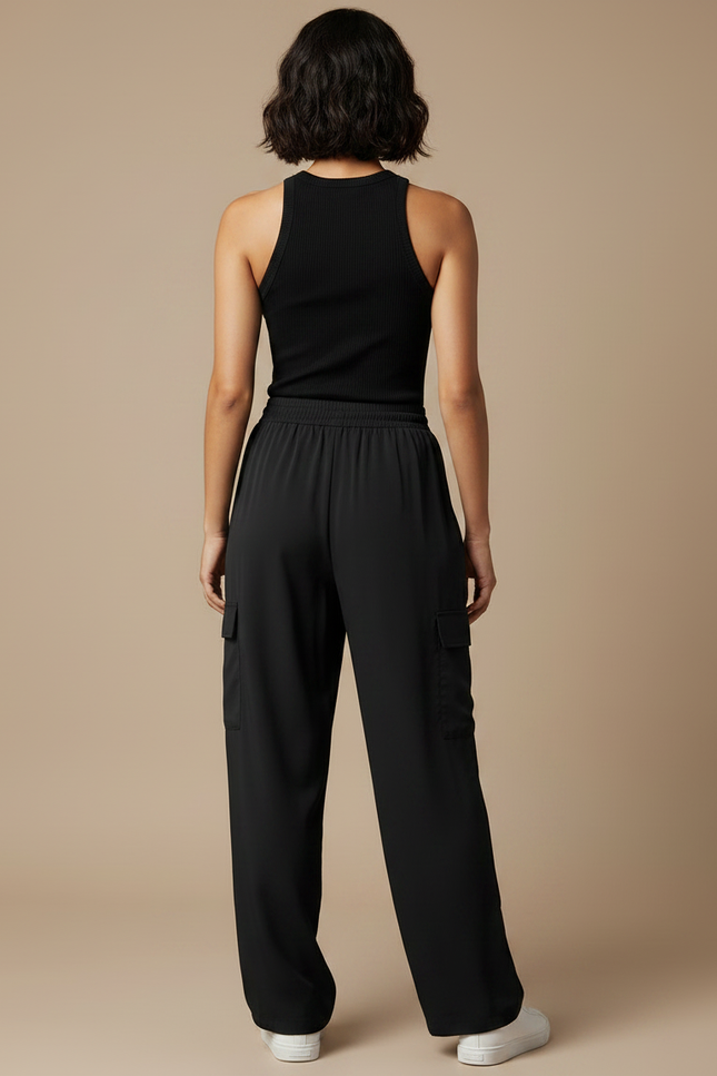 Pantalon Fluide Noir Cargo Ample Décontracté Femme - Polyester - vue 2