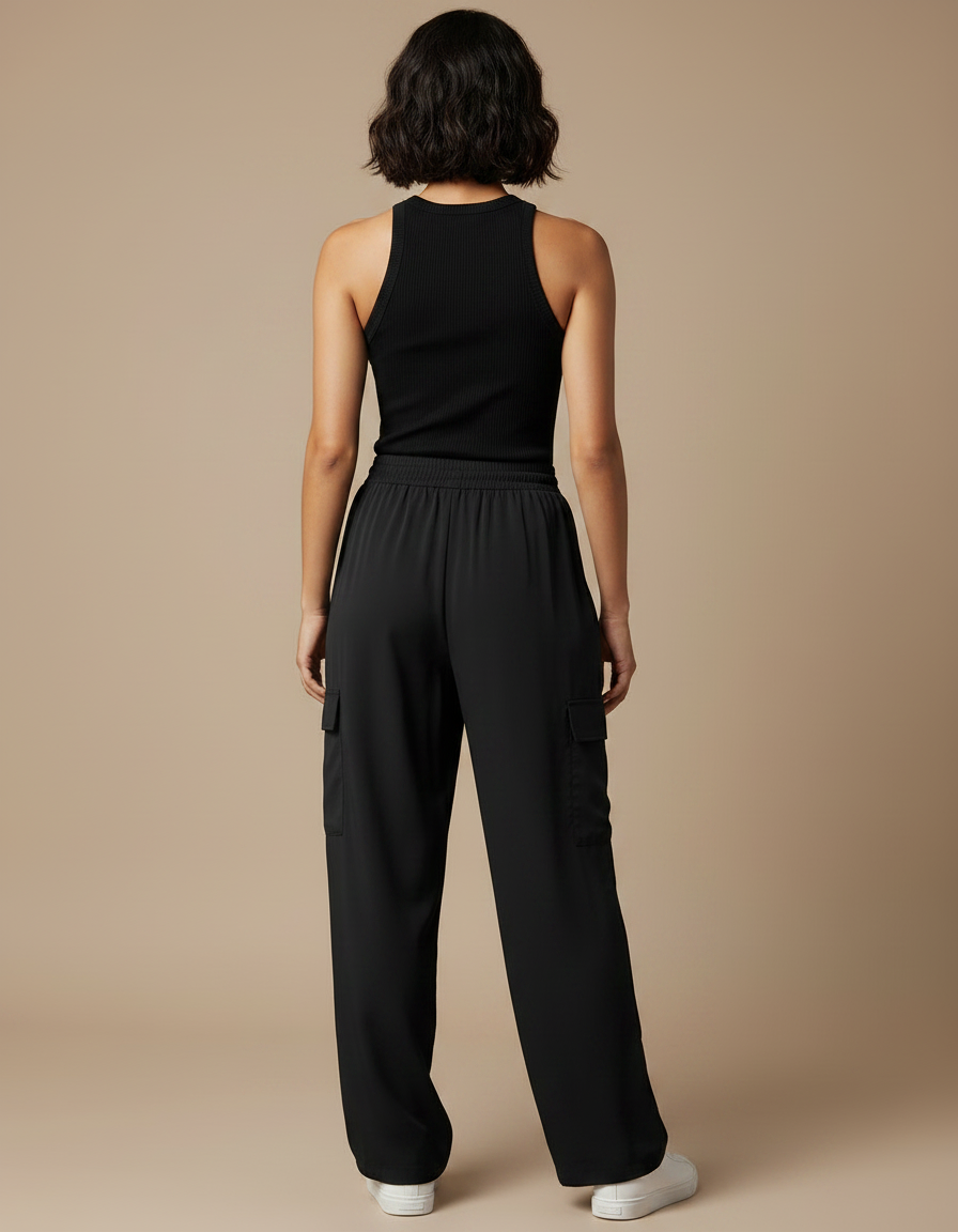 Pantalon Fluide Noir Cargo Ample Décontracté Femme - Polyester - vue 2