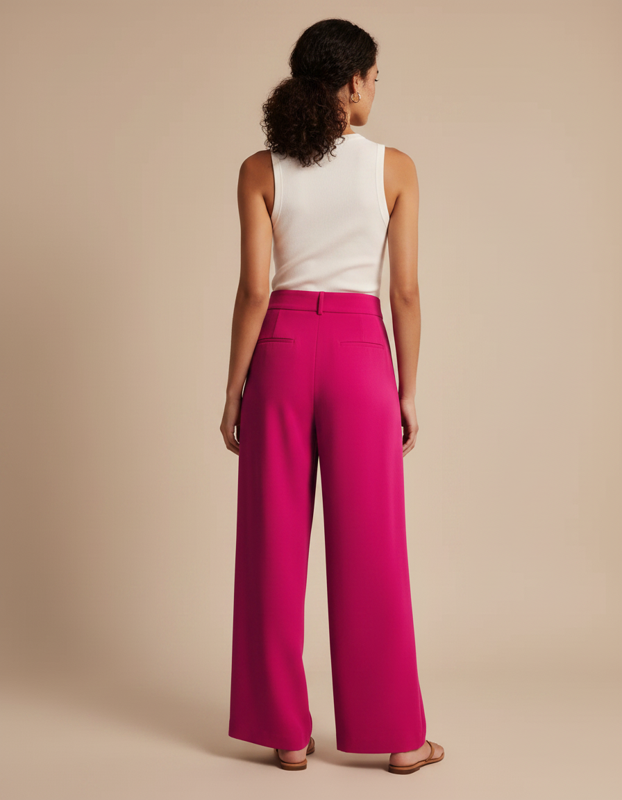 Pantalon Fluide Fuchsia Ample Taille Haute Élégant - Rose Polyester - vue 2