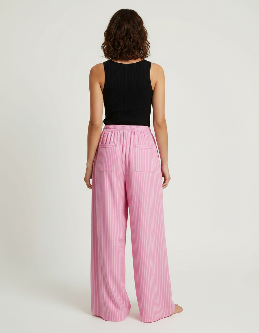 Pantalon Fluide Rose Rayé Ample Décontracté Femme - Viscose - vue 2