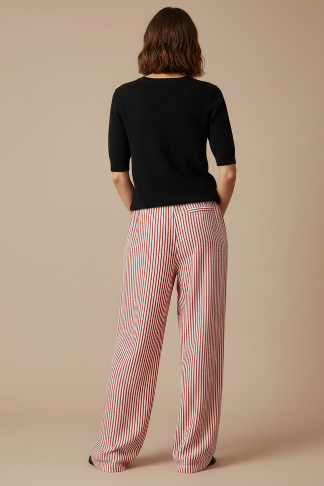 Pantalon Fluide Rayé Rouge Ample Cordon Décontracté - Viscose - vue 2