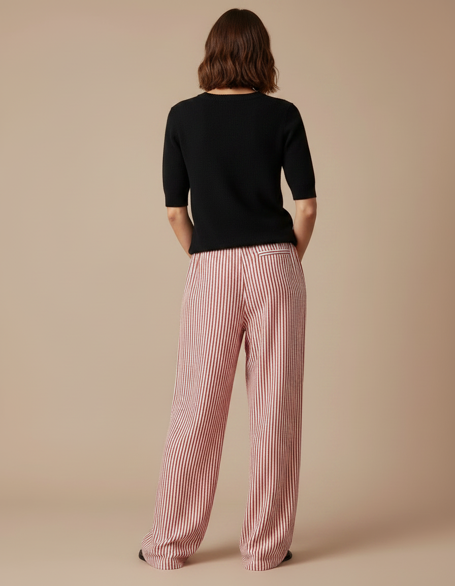 Pantalon Fluide Rayé Rouge Ample Cordon Décontracté - Viscose - vue 2