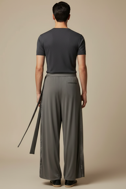 Pantalon Fluide Gris Ample Maille Ceinture Homme - vue 2