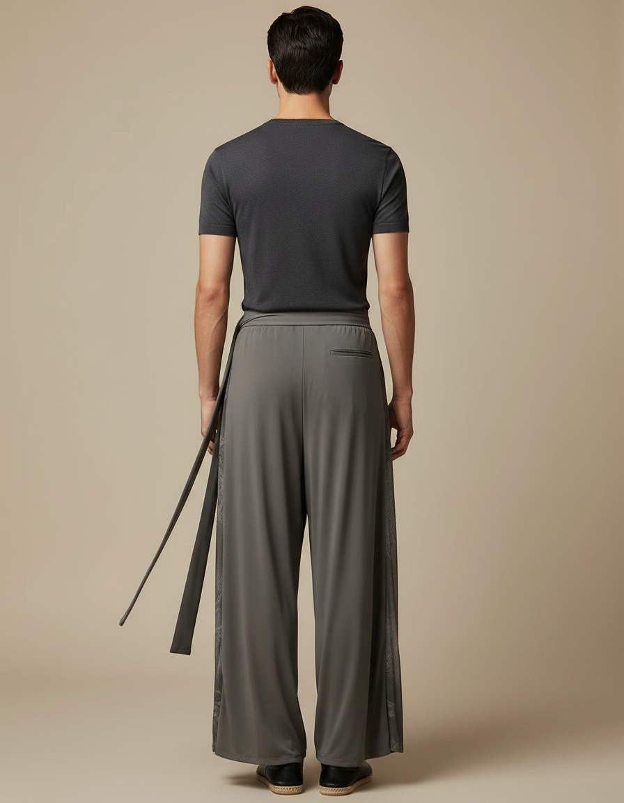Pantalon Fluide Gris Ample Maille Ceinture Homme - vue 2