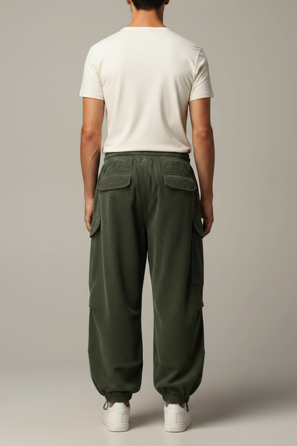 Pantalon Fluide Cargo Côtelé Vert Ample Homme - Cordé - vue 2