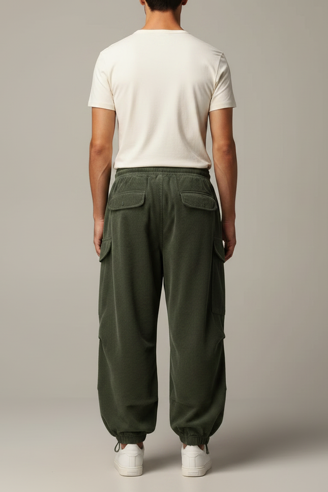 Pantalon Fluide Cargo Côtelé Vert Ample Homme - Cordé - vue 2