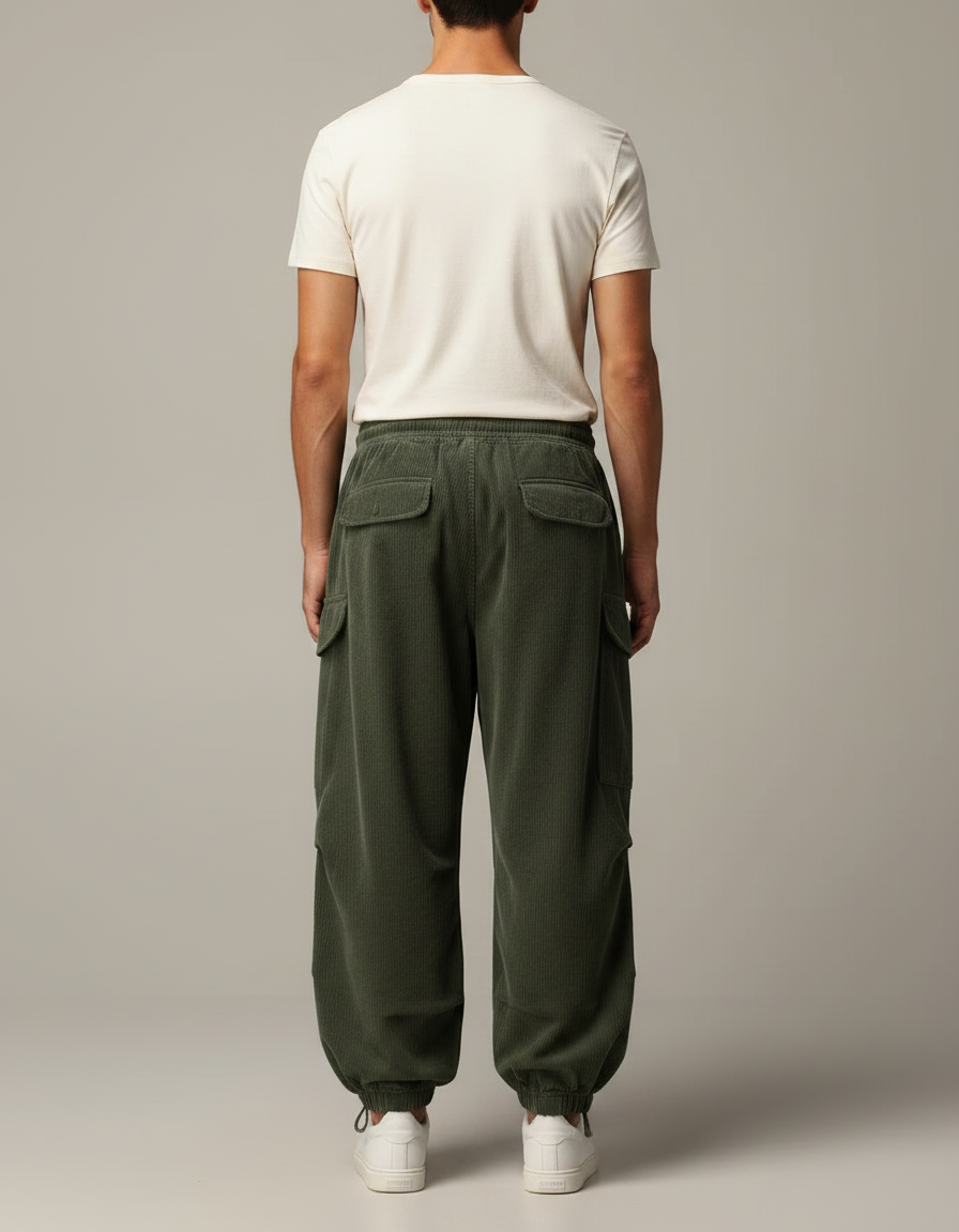 Pantalon Fluide Cargo Côtelé Vert Ample Homme - Cordé - vue 2