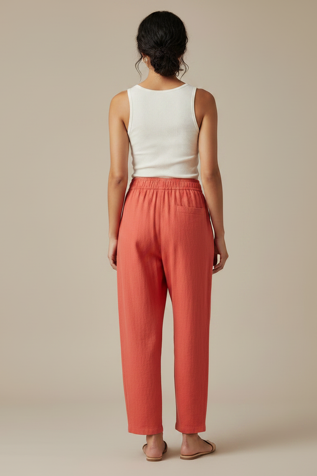 Pantalon Fluide Corail Lin Ample Confortable Été - Orange - vue 2