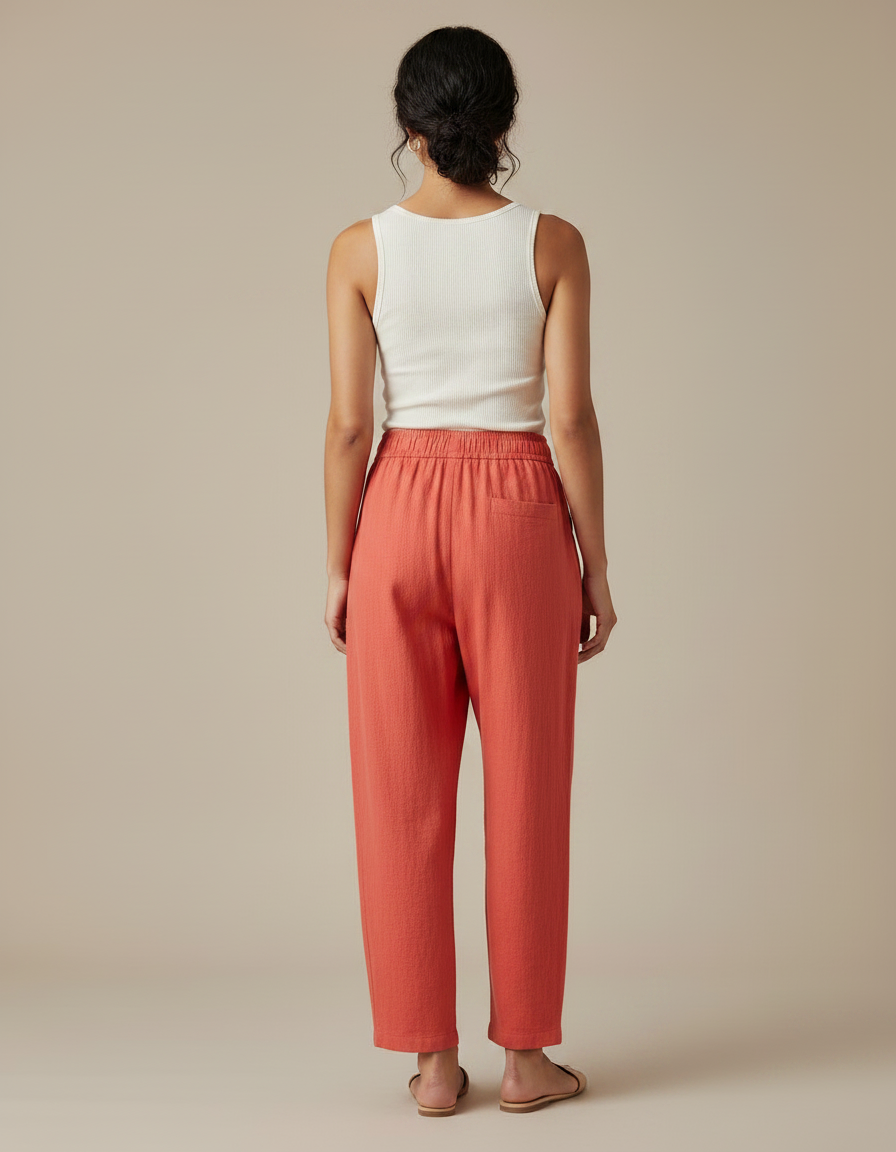 Pantalon Fluide Corail Lin Ample Confortable Été - Orange - vue 2