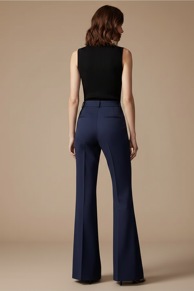 Pantalon Fluide Bleu Marine Évasé Taille Haute Élégant - Gabardine - vue 2