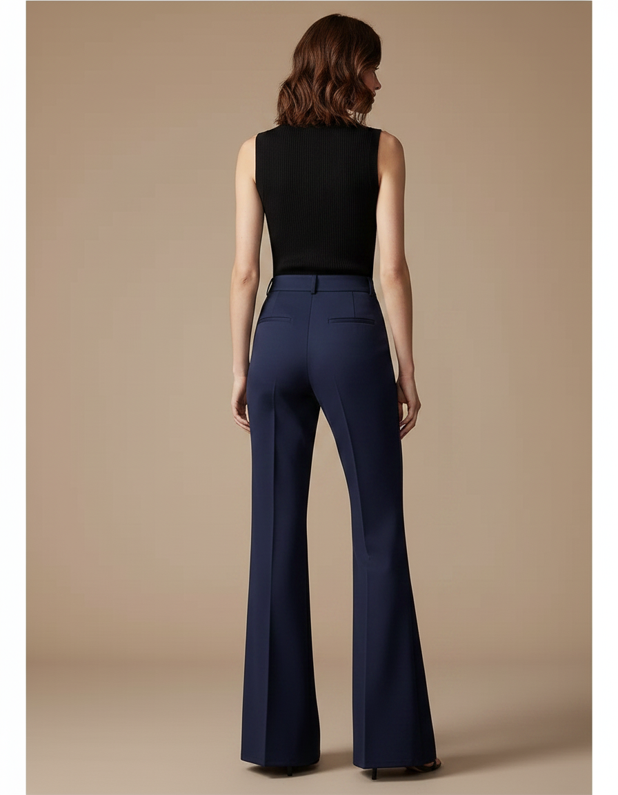 Pantalon Fluide Bleu Marine Évasé Taille Haute Élégant - Gabardine - vue 2