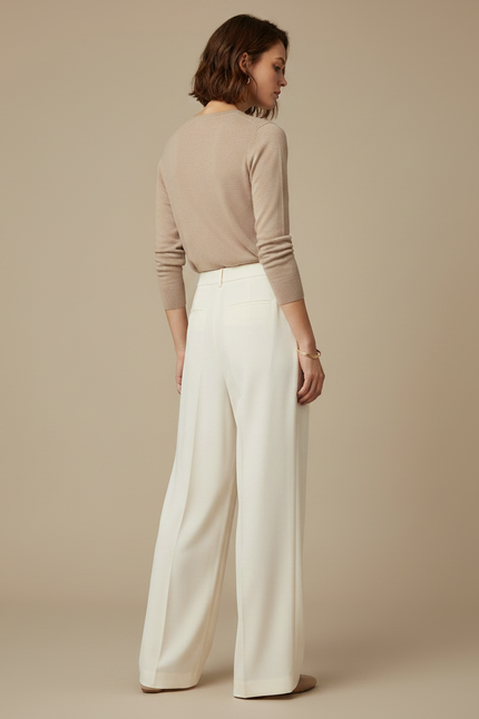 Pantalon Fluide Écru Ample Élégant Taille Haute - Blanc Polyester - vue 2