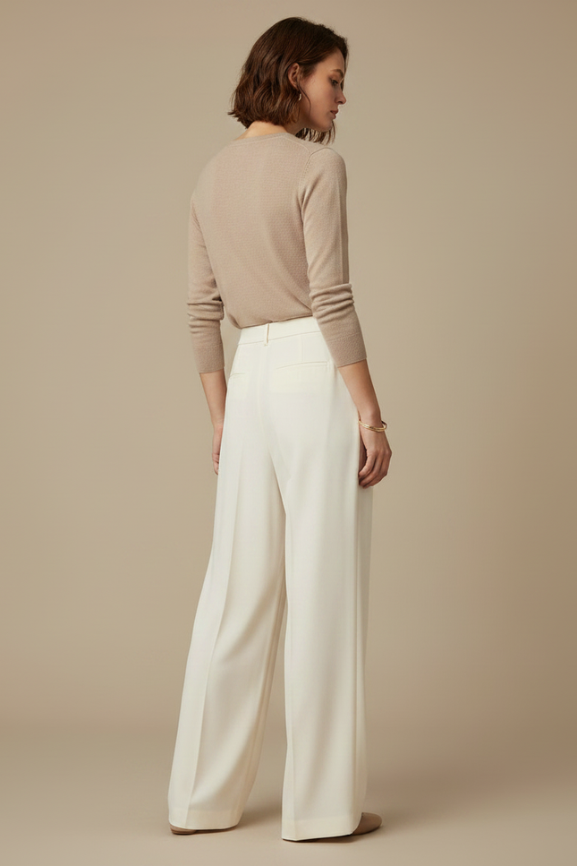 Pantalon Fluide Écru Ample Élégant Taille Haute - Blanc Polyester - vue 2