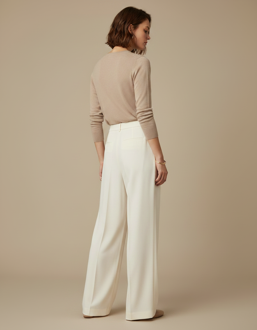 Pantalon Fluide Écru Ample Élégant Taille Haute - Blanc Polyester - vue 2