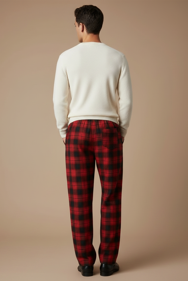 Pantalon Fluide Rouge Carreaux Ample Homme Décontracté - Molleton - vue 2