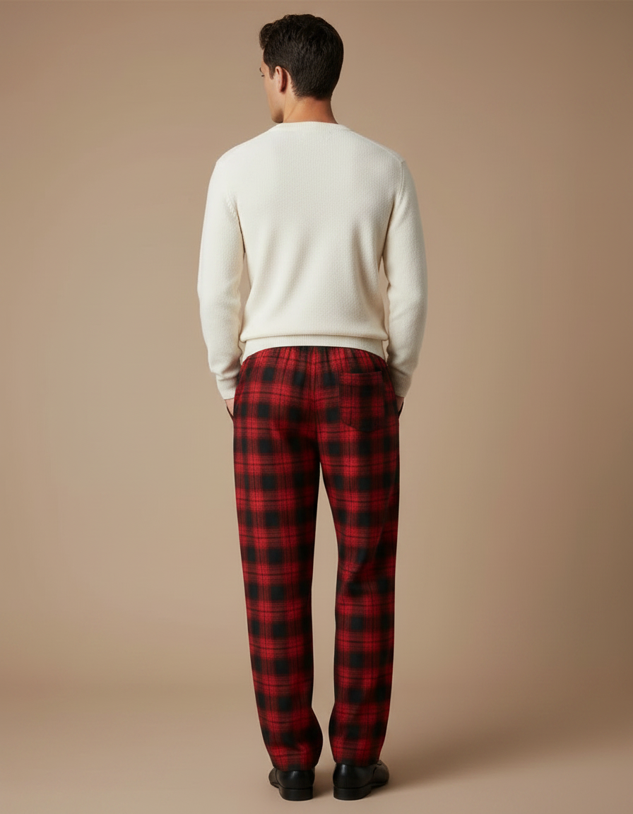 Pantalon Fluide Rouge Carreaux Ample Homme Décontracté - Molleton - vue 2