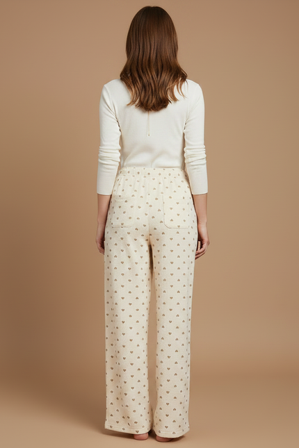 Pantalon Fluide Cœurs Beige Ample Coton Confortable Femme - vue 2