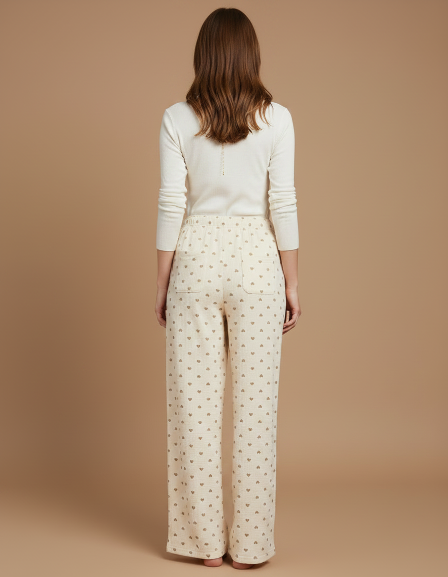 Pantalon Fluide Cœurs Beige Ample Coton Confortable Femme - vue 2