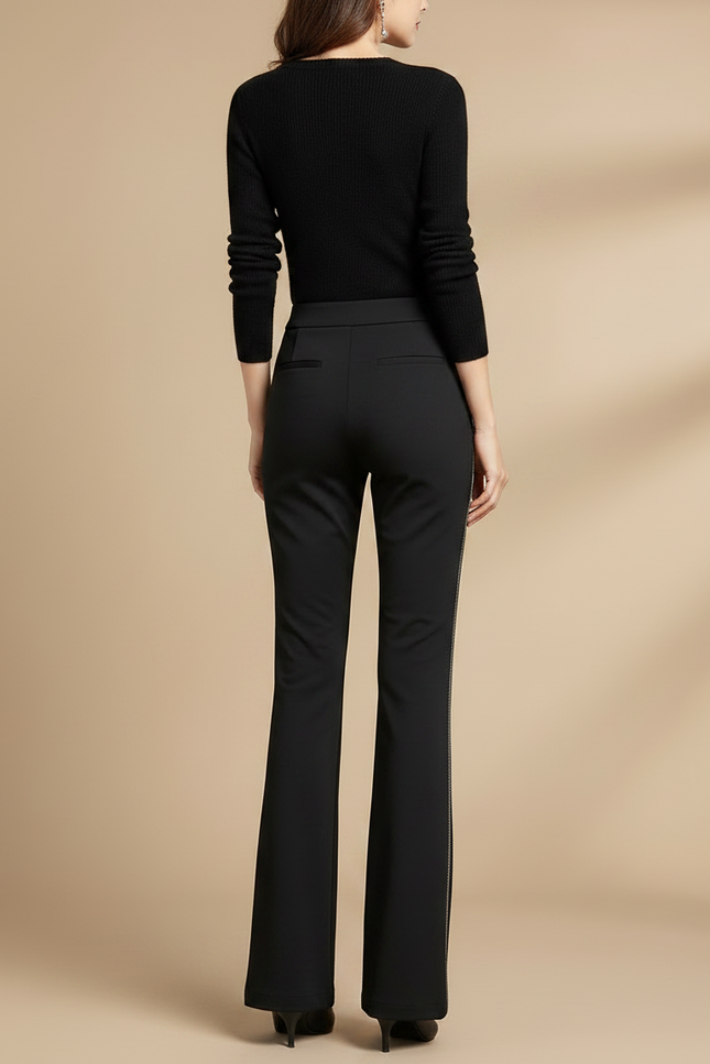Pantalon Fluide Noir Évasé Élégant Bande Latérale - Polyester - vue 2