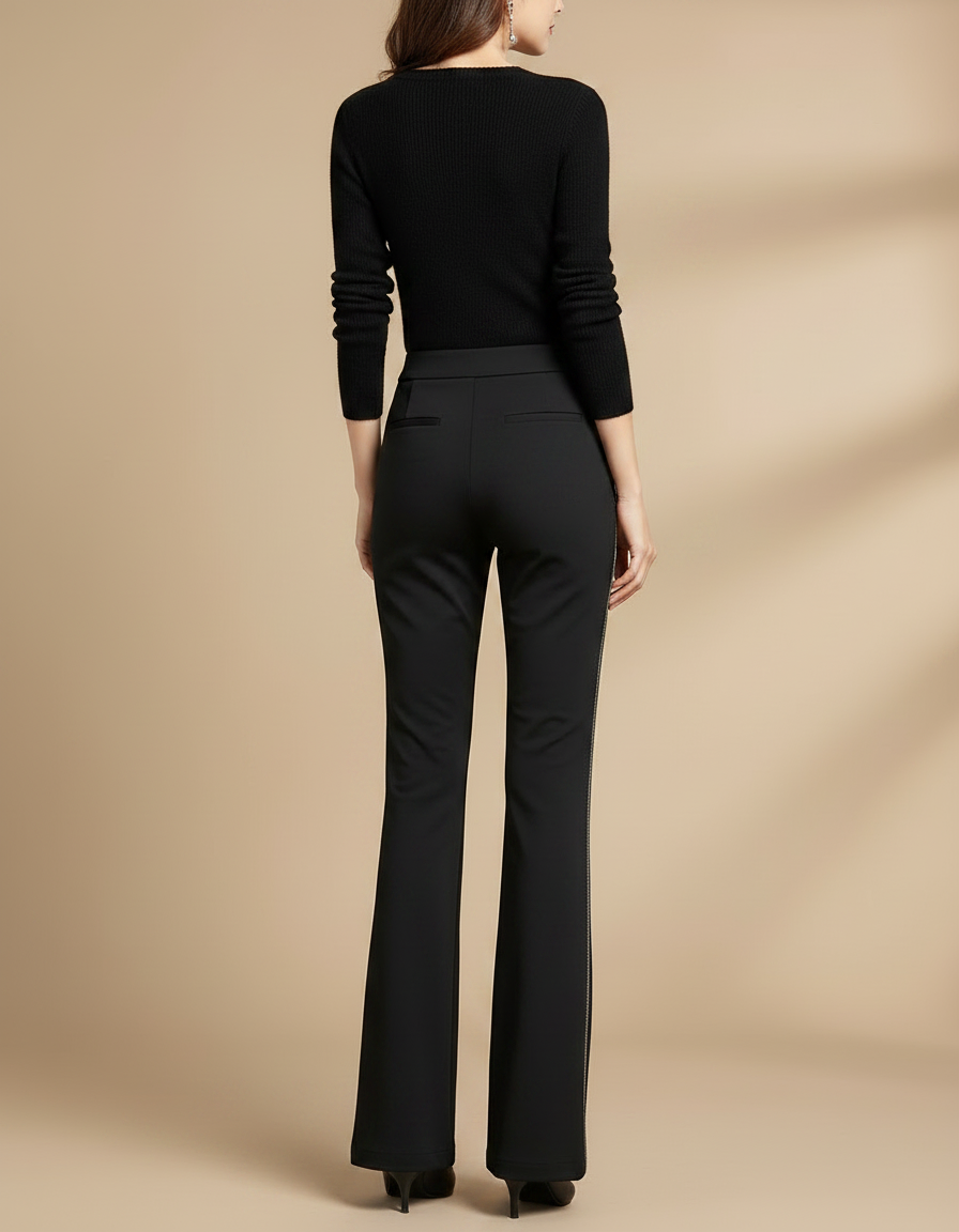 Pantalon Fluide Noir Évasé Élégant Bande Latérale - Polyester - vue 2