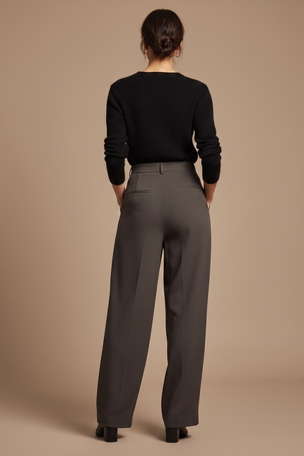 Pantalon Fluide Évasé Plissé Taille Haute Gris Élégant - Gabardine - vue 2