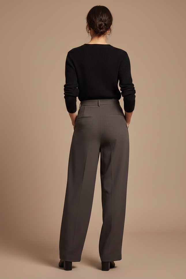 Pantalon Fluide Évasé Plissé Taille Haute Gris Élégant - Gabardine - vue 2