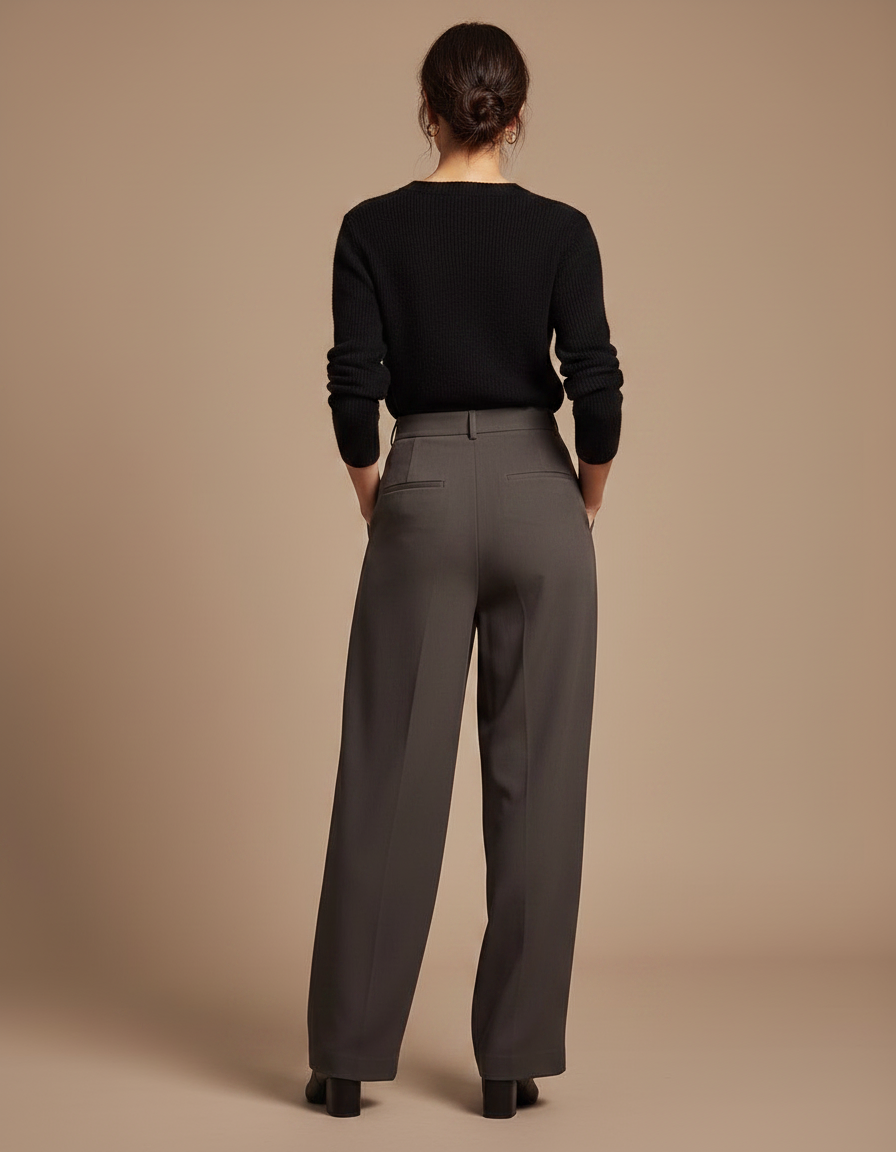 Pantalon Fluide Évasé Plissé Taille Haute Gris Élégant - Gabardine - vue 2