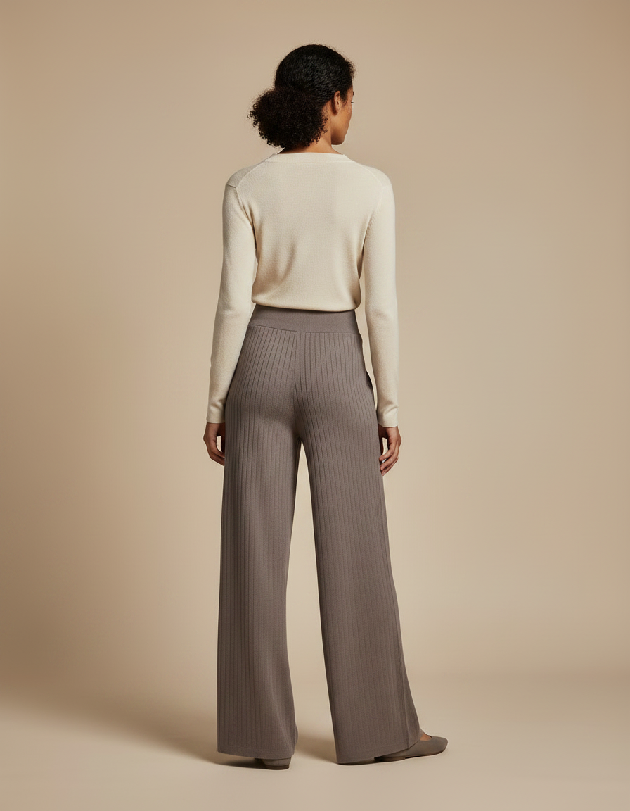 Pantalon Fluide Côtelé Gris Ample Maille Femme - vue 2