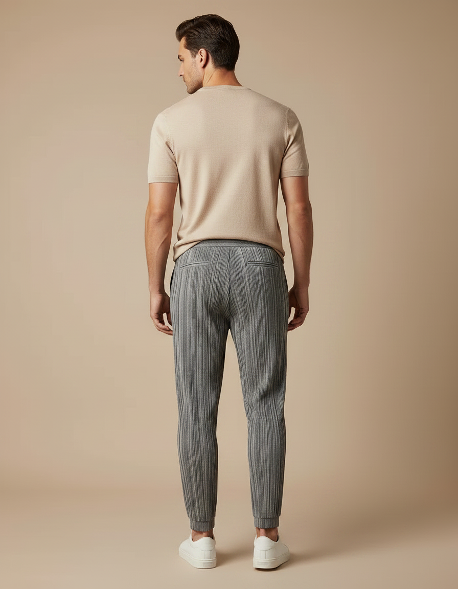Pantalon Fluide Plissé Gris Décontracté Homme Cordon - Polyester - vue 2