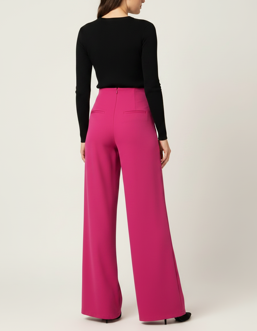 Pantalon Fluide Fuchsia Taille Haute Boutons Larges Élégant - Rose Polyester - vue 2