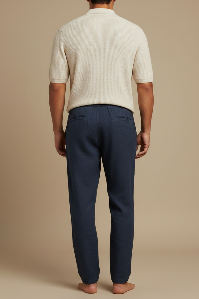 Pantalon Fluide Homme Coton Lin Bleu Marine Décontracté - vue 2