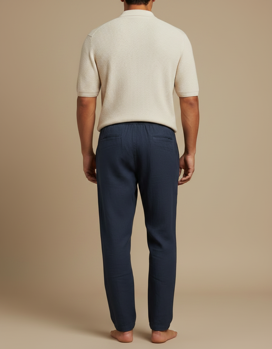 Pantalon Fluide Homme Coton Lin Bleu Marine Décontracté - vue 2