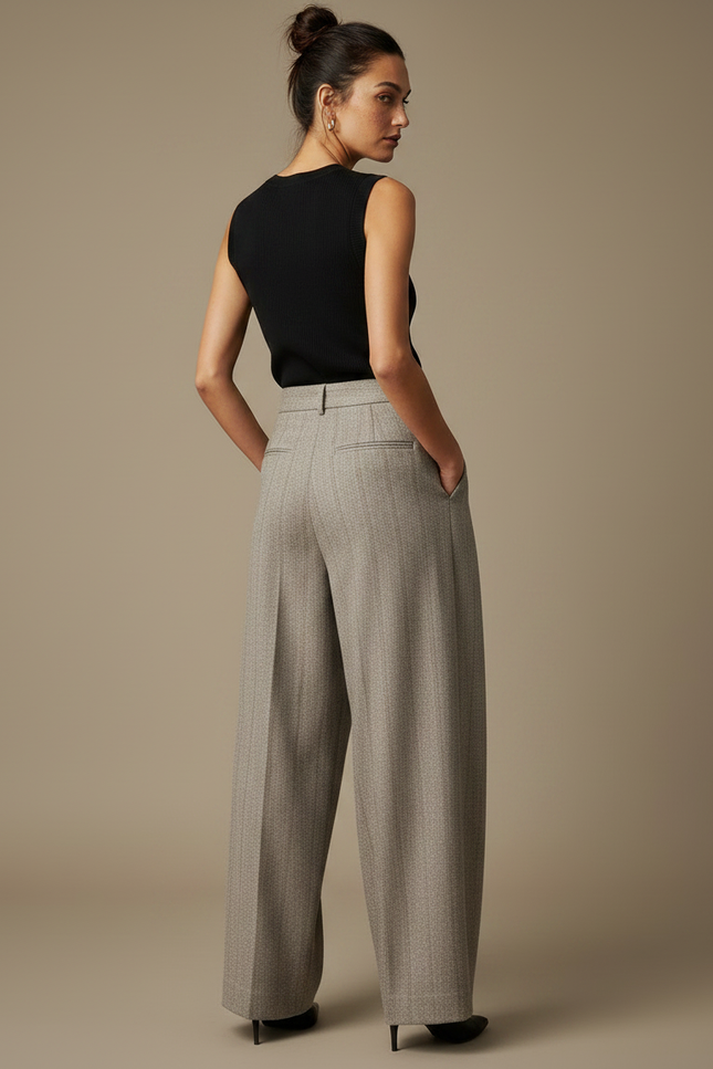 Pantalon Fluide Gris Laine Chevron Plissé Large - vue 2