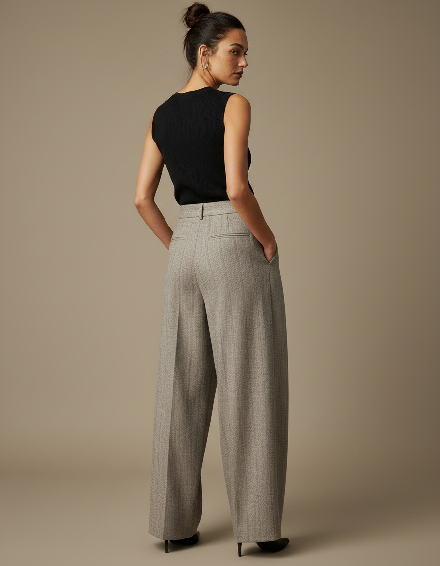 Pantalon Fluide Gris Laine Chevron Plissé Large - vue 2