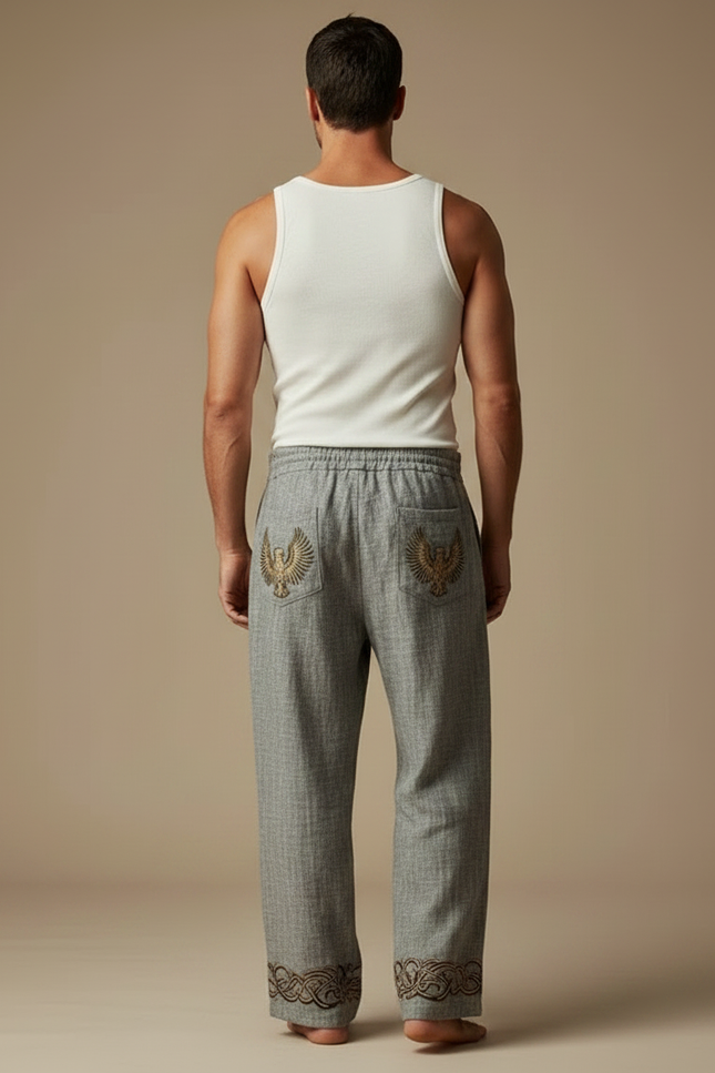 Pantalon Fluide Gris Lin Ample Brodé Aigle Viking - vue 2