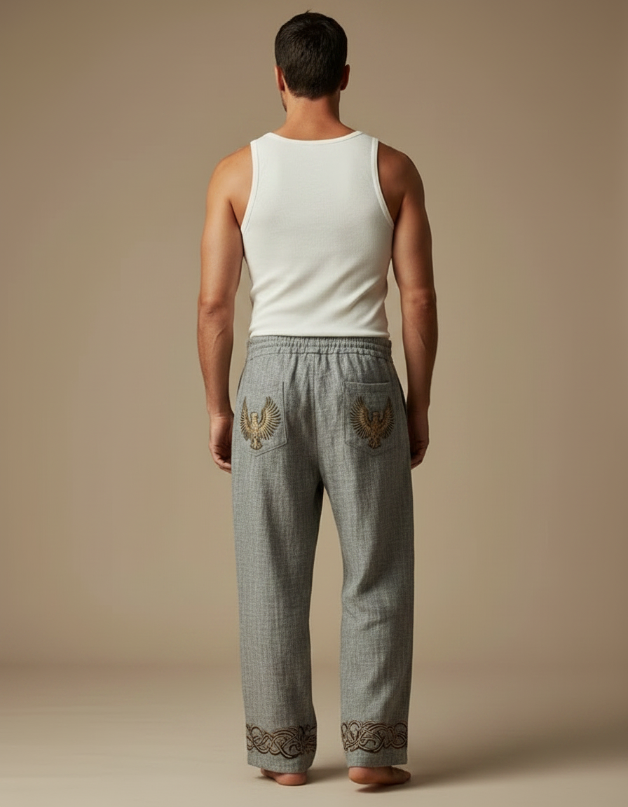 Pantalon Fluide Gris Lin Ample Brodé Aigle Viking - vue 2
