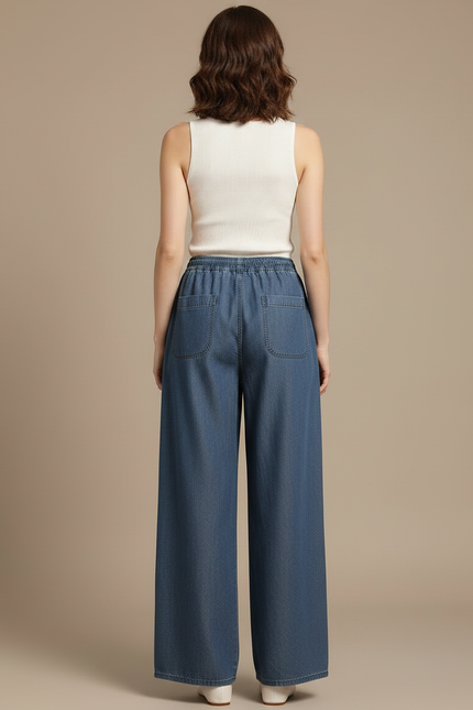 Pantalon Fluide Denim Ample Taille Haute Femme - Bleu Jean - vue 2
