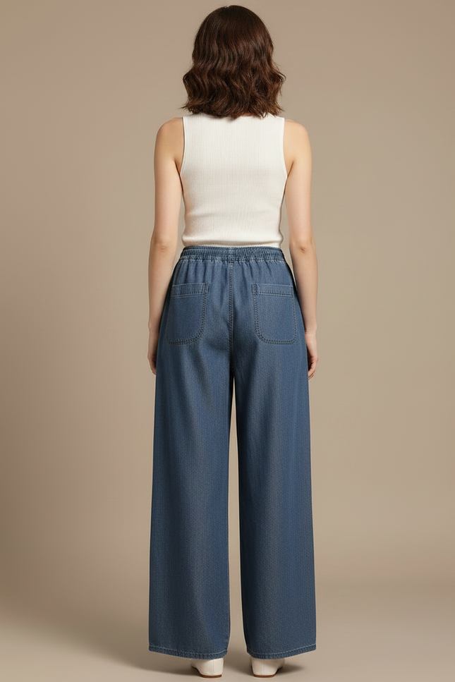 Pantalon Fluide Denim Ample Taille Haute Femme - Bleu Jean - vue 2